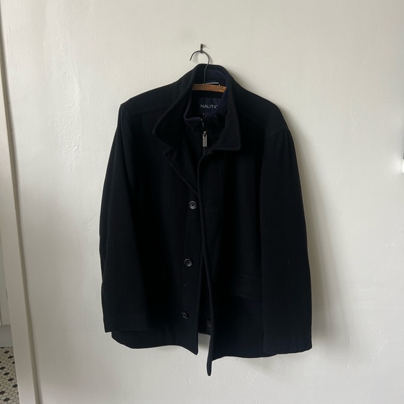 Men’s Nautica Zipper and Button Black Wool Pea Coat - Picture 2 of 9